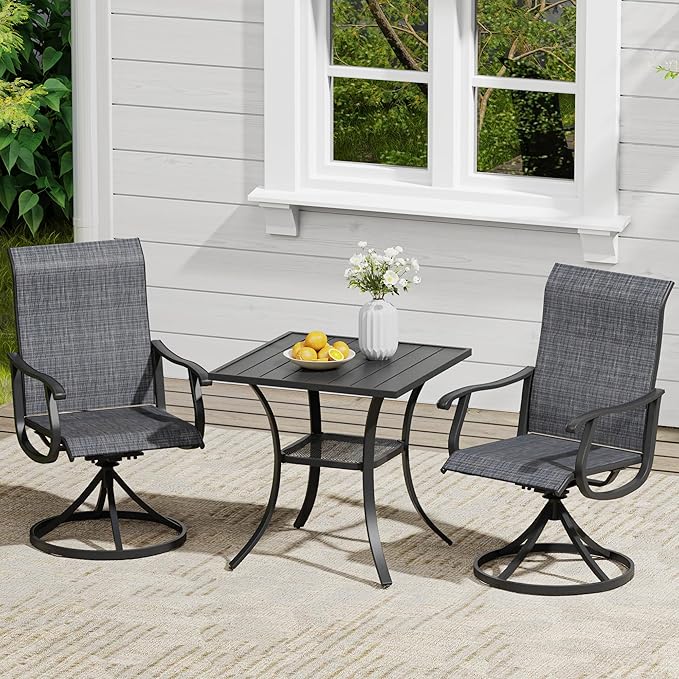 VICLLAX 3 Pieces Outdoor Dining Set, Patio Furniture Set of 2 Patio Swivel Dining Chairs and Small Dining Table with Storage Shelf, Dark Charcoal Chairs & Black Tabletop