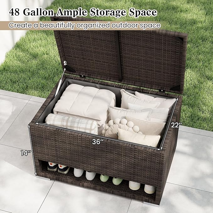 Tangkula 48 Gallon Rattan Outdoor Storage Box with Shoe Rack, Outdoor Storage Bin with Protective Liner, PE Wicker Deck Box for Patio Cushion Furniture, Pool Supplies and Garden Tools (48 Gallon)