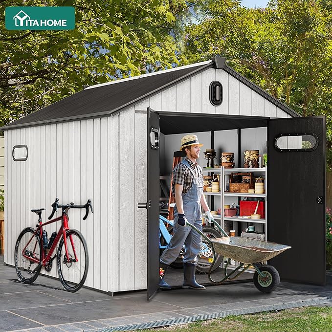 YITAHOME 8x10ft Outdoor Resin Storage Shed with Floor, 544 cuft Waterproof Garden Shed with Lockable Door, Windows & Vents, Plastic Tool Storage for Patio Furniture, Lawnmower, and Bike Storage, Gray