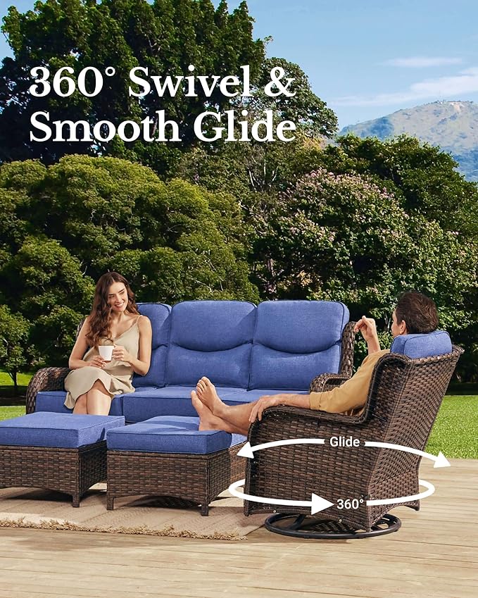 HILLGA Luxury Patio Furniture Set with 6-Inch Thick Cushions, High Back Outdoor Swivel Rocker Chairs and Patio Couch, 13-Piece All Weather Conversation Set for Porch Deck Pool Yard, Blue (V3)