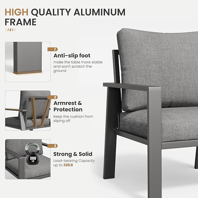 Aluminum Patio Conversation Set with Coffee Table 4PCS Deck Outdoor Furniture 7-Seat All-Weather Rust-Proof Sectional Sofa Set with Removable Cushion for Backyard, Poolside & Small Spaces