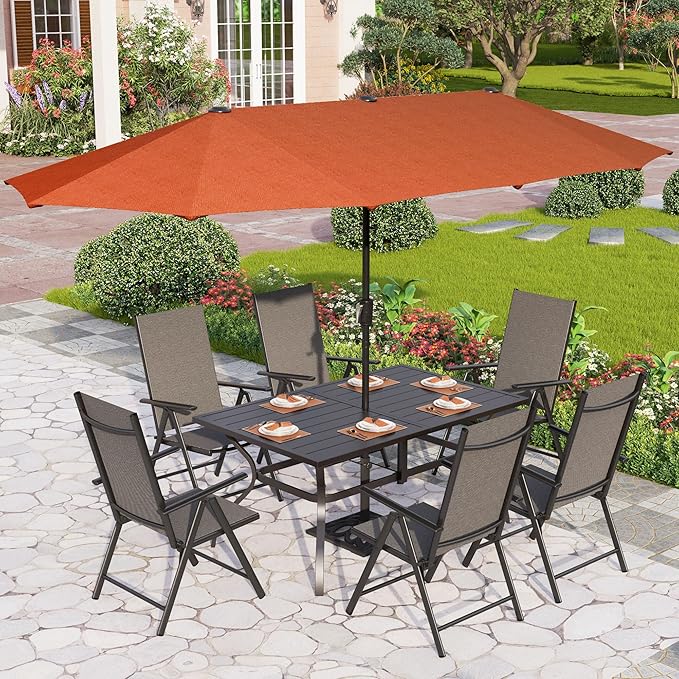 PHI VILLA 7 Pcs Patio Dining Set with Umbrella, Outdoor Dining Set with Table and Chairs, Adjustable Folding Chairs for Garden