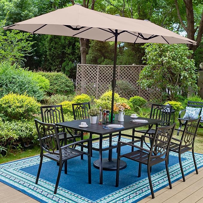 PHI VILLA Patio Dining Set 8 PCS with 13ft Double-Sided Patio Umbrella(Beige)，Metal Outdoor Dining Set - 6 x Outdoor Stackable Chairs, 1 x 60"x38"Rectangle Dining Table and 1 Umbrella