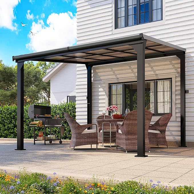 10 * 10FT Pergola,Outdoor Gazebo,Hardtop Lean to Gazebo,Wall Mounted Pergola,Pergolas Gazebos Clearance,Aluminum Frame Pergola,UV Resistant Patio Roof,Patio Awnings for Porch,Lawn,Backyard