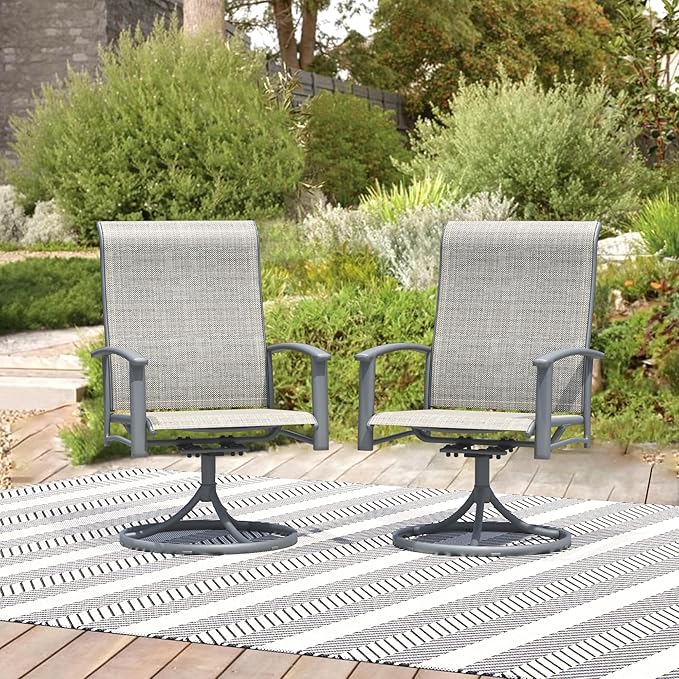 Patio Swivel Chairs Set of 2, Outdoor Swivel Chairs with Armrest, High Back Patio Chair with Metal Frame, All-Weather Outdoor Dining Chair for Deck, Porch and Lawn, Grey