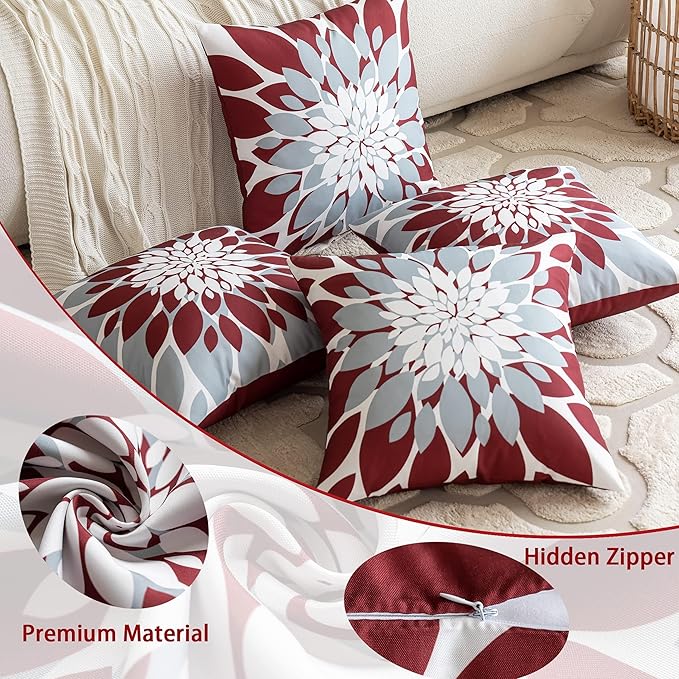 Qahing Pack of 4 Outdoor Waterproof Pillow Covers 18x18 Decorative Outdoor Throw Pillows Garden Square Cushion Cases for Patio Furniture, Couch, Tent Sunbrella, Bench, Burgundy Red Grey