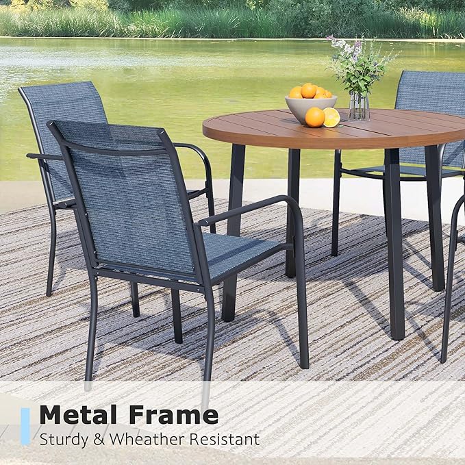 5 Pieces Round Dining Table Set for 4, Patio Dining Set Includes 4 Blue Stackable Patio Chairs and 1 Walnut Round Table, Patio Furniture Sets with Sling Support for Outside, Garden