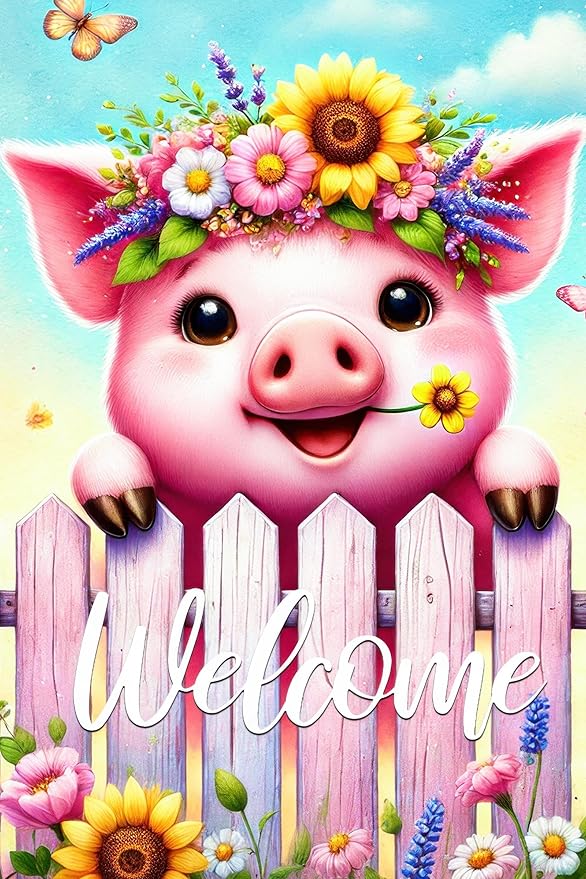 Spring Welcome Garden Flag 12x18 Inches Double Sided Cute Pig Yard Flags Colorful Floral Butterfly Sunflower Crown Fence for Outside Decor Home Farmhouse Holiday Summer Decorations
