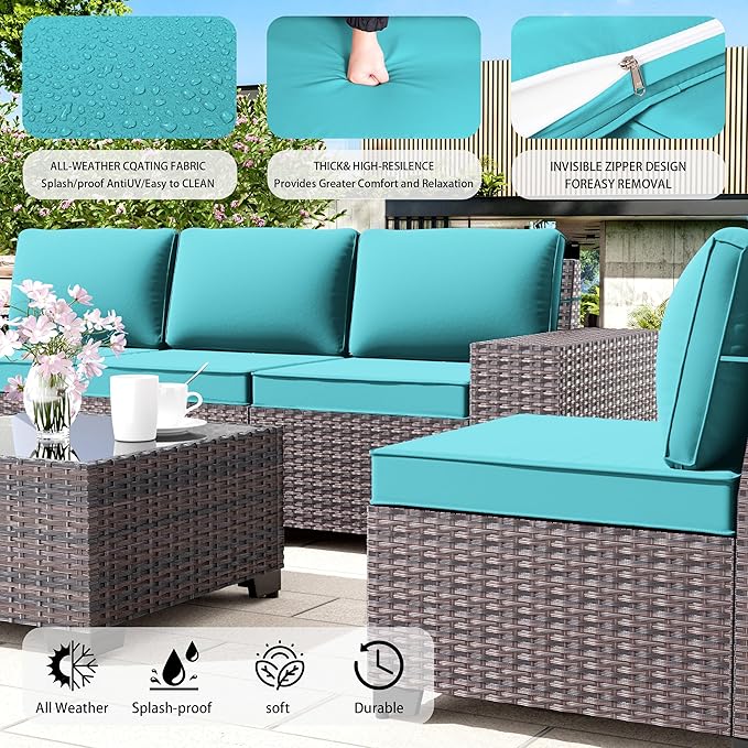 Outdoor Patio Furniture Set with Propane Fire Pit Table, 13 Pieces Outdoor Furniture Patio Sectional Sofa Conversation Sets w/ETL Approved 43" Gas Outdoor Fire Table & Coffee Table Blue.