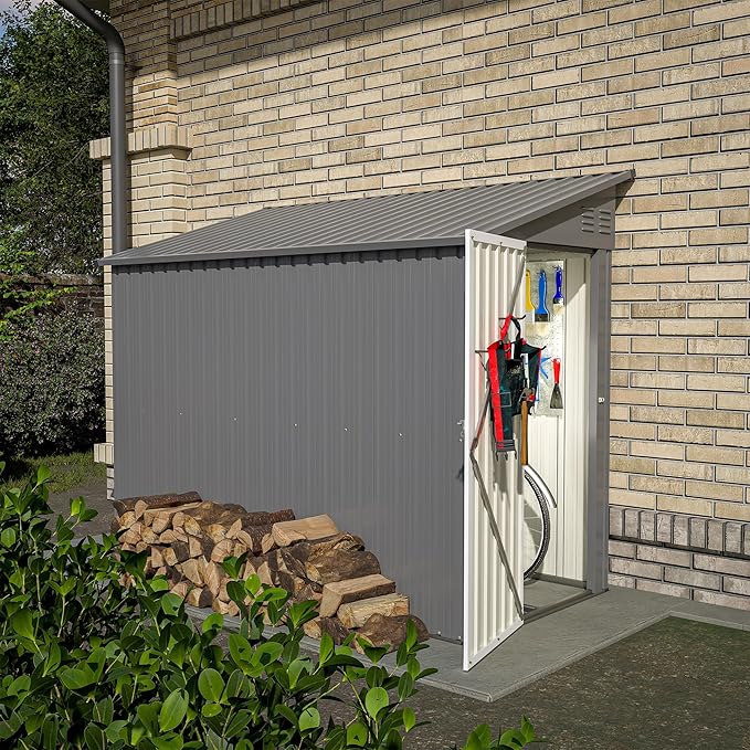 4×8 FT Lean to Metal Shed,Outdoor Heavy-Duty Storage Shed with Floor Base,All Weather Waterproof Garden Tool House W/Lockable Door&2 Air Vents,Reversible Door Design,for Backyard,Patio,Lawn,Gray