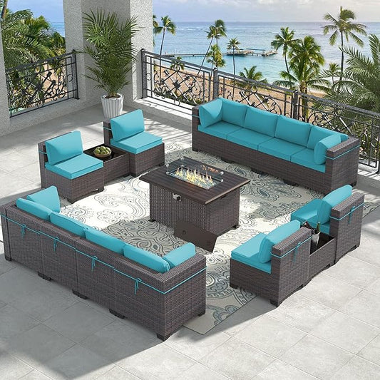 Outdoor Patio Furniture Set with Propane Fire Pit Table, 15 Pieces Outdoor Furniture Patio Sectional Sofa Conversation Sets w/ETL Approved Gas Outdoor Fire Table & Coffee Table(Blue)