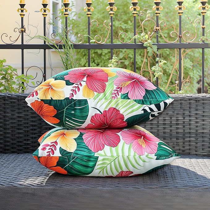 Outdoor Pillow Covers 18x18 Inch Set of 2 Tropical Floral Plants Boho Throw Pillows Cases Waterproof Square Garden Cushion Sham for Patio Funiture Tent Balcony Bench Sofa Couch, Green
