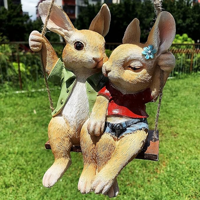 iRonrain Garden Statue Swing Bunny Couples, Indoor Outdoor Hanging Rabbits Lover Sculpture Funny Simulation Art Décor Figurine Ornament for Fence Pathway Backyard Landscape Tree Decorations