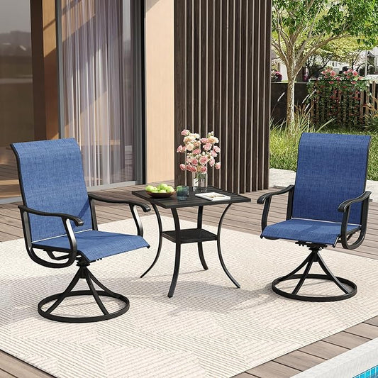 VICLLAX 3 Pieces Patio Dining Set Includes 28" Square Small Outdoor Table and 2 Patio Swivel Chairs for Lawn Garden, Black Tabletop and Blue Fabric