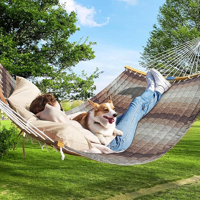 Double Hammock, 11 FT Quilted Fabric 2 Person Hammock for Outside with Pillow, Folding Curved Spreader Bar, Chains, Carrying Bag, Indoor Outdoor, 450 IB Capacity, Aqua Green