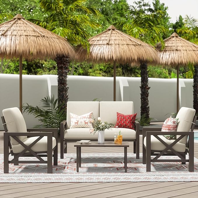 NATURAL EXPRESSIONS 4 Pieces Patio Furniture Sets,Outdoor Sectional Metal Furniture Conversation Set with Loveseat Chair,2 Single Chairs 1 Metal Table,6.5" Beige Cushions for Yard,Garden