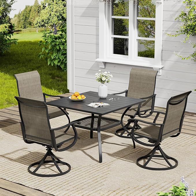 VICLLAX 5 Pieces Outdoor Dining Set, Patio Furniture Set of 4 Patio Swivel Dining Chairs and Square Patio Table with Storage Shelf, Mixed Brown Chairs & Black Tabletop