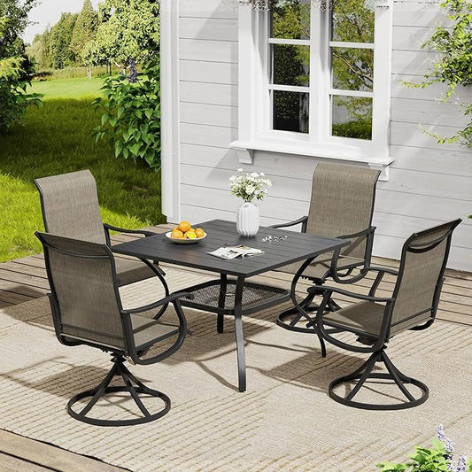 VICLLAX 5 Pieces Outdoor Dining Set, Patio Furniture Set of 4 Patio Swivel Dining Chairs and Square Patio Table with Storage Shelf, Mixed Brown Chairs & Black Tabletop