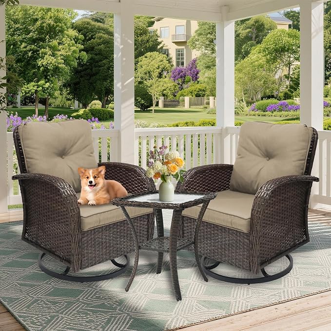 3 Pieces Patio Furniture Set, Outdoor Swivel Rocking Chair Set of 2 with Side Table - 360° Swivel, Thick Cushions, All-Weather Bistro Set for Deck, Porch, Pool(Brown, Brown Full-Weave Rattan)
