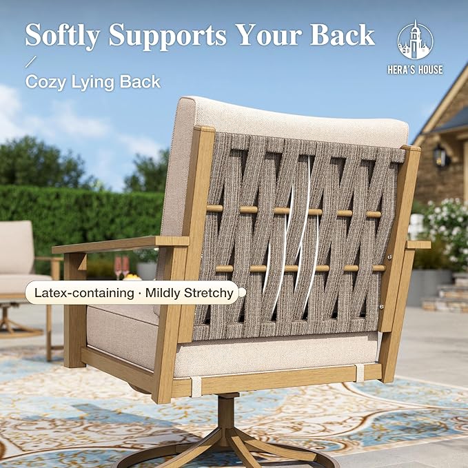 HERA'S HOUSE Patio Furniture Set 5-Piece, Metal Outdoor Conversation Set with Wood Grain Finish, 2 x Swivel Chair, 1 x 3-Seat Sofa, 2 x Multi-Functional Coffee Table for Garden Deck Backyard