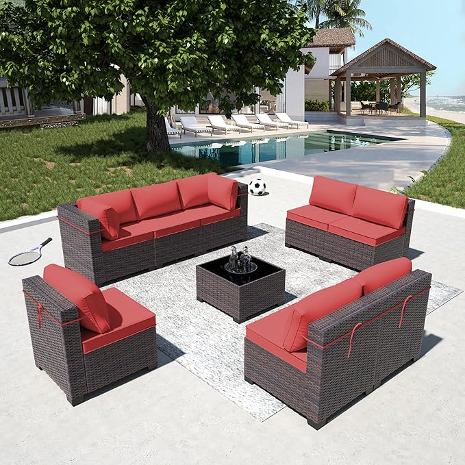 Outdoor Patio Furniture Set, 9 Pieces Outdoor Furniture All Weather Patio Sectional Sofa PE Wicker Modular Conversation Sets with Coffee Table,8 Chairs & Seat Clips(Red)