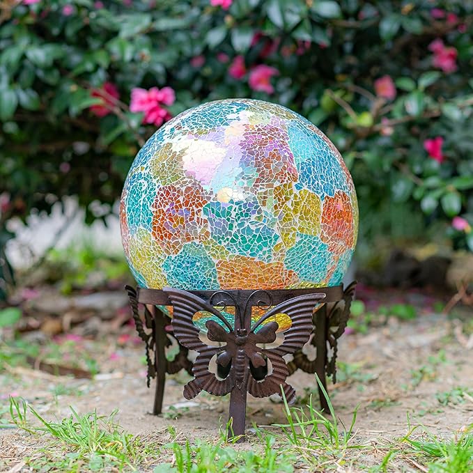 Wrought Iron Gazing Ball Stand for 10 or 12 Inch Gazing Balls – Low-Profile Garden Orb Holder, Outdoor Decorative Display for Yard, Patio, and Lawn Decor，Butterfly