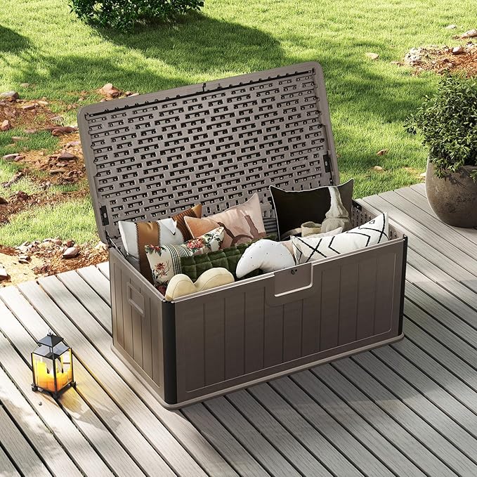 HAPPYGRILL Outdoor Storage Deck Box with Lockable Design & Gas Strut, Handle, 100 Gallon HDPE Patio Storage Organizer for Lawn Backyard Poolside (Brown)