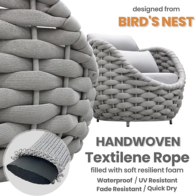 Patio Deck Accent Chair: Large Woven Rope Chair Cushioned - Aluminum Modern Single Lounge Armchair Assembled - All Weather Outdoor Seating for 400lbs Lanai Balcony Porch Yard Garden Hotel, Gray