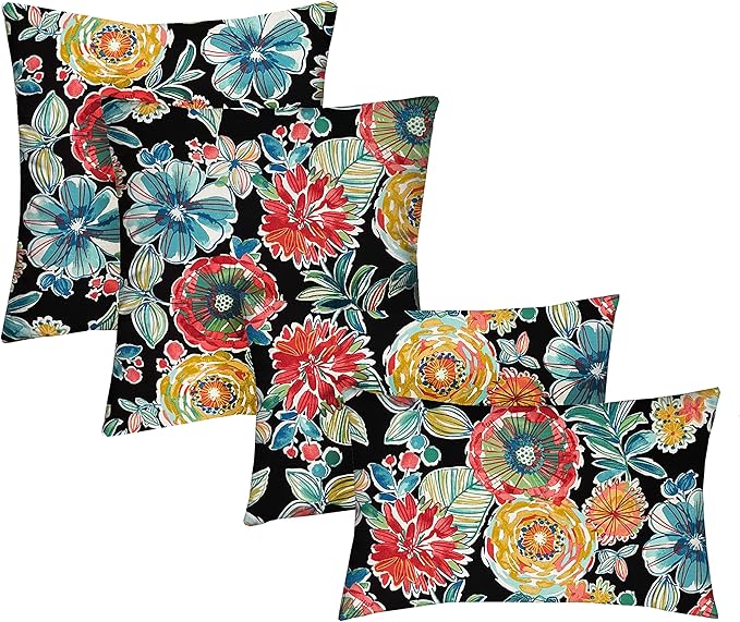 RSH DECOR: Lumbar & Square Throw Pillows Set of 4 | 20" x 12" & 17" x 17" | All-Weather Spun Fabric | Water and Fade-Resistant | Outdoor Accent Pillows for Patio Furniture | Colsen Noir