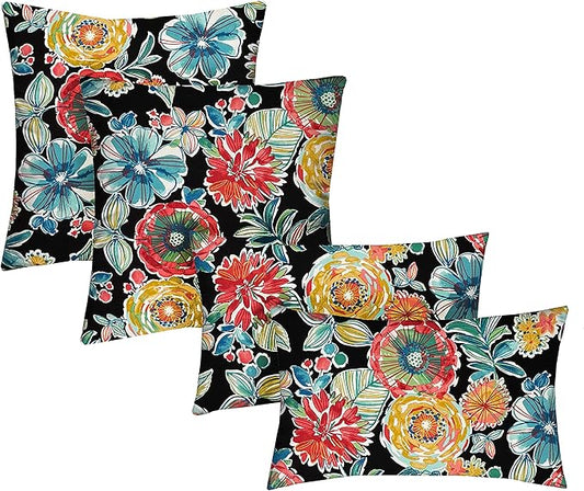 RSH DECOR: Lumbar & Square Throw Pillows Set of 4 | 20" x 12" & 17" x 17" | All-Weather Spun Fabric | Water and Fade-Resistant | Outdoor Accent Pillows for Patio Furniture | Colsen Noir