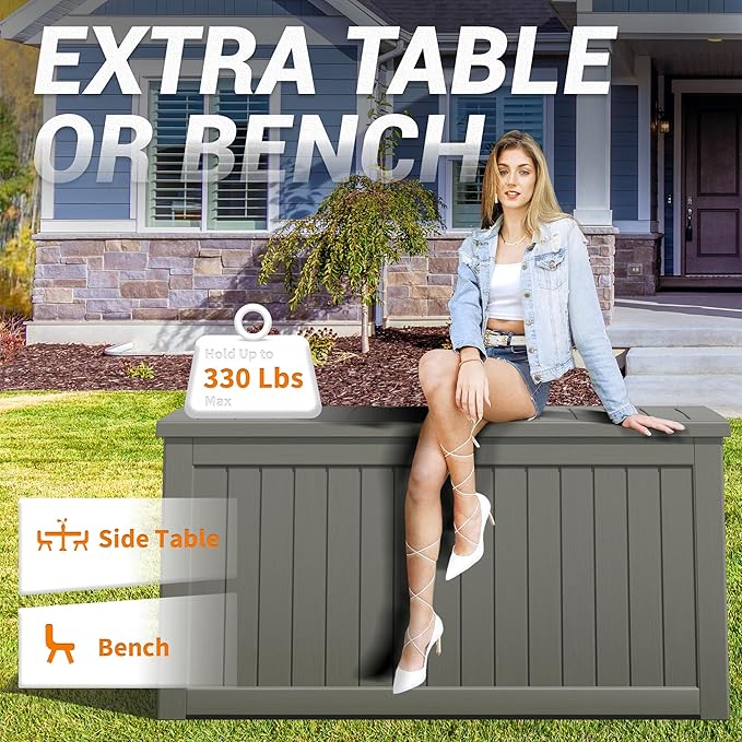 NUNU LAB 230 Gallon Outdoor Storage Box, Large Resin Deck Box with Lockable Lid, Waterproof & UV-Resistant Patio Storage Bin for Garden Tools, Pool Accessories & Furniture, Grey