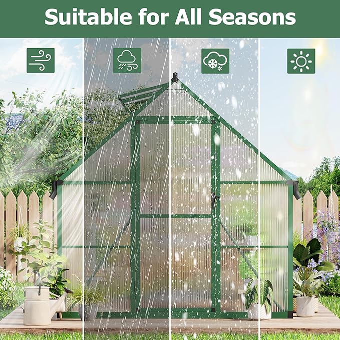 6x7 FT Outdoor Greenhouse, Polycarbonate Greenhouse with Roof Vent and Ground Nails, Aluminum Large Walk-in Green House w/ Lockable Push Door for Outside Garden Backyard (Green, 6x7 FT)
