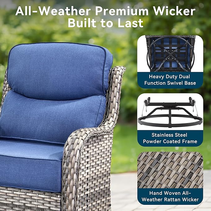 Luxury High Back Outdoor Swivel Rocker Patio Chairs with Side Table & 6-Inch Thick Cushions, 2 Pieces Patio Furniture Set for Porch, Balcony, Deck and Yard