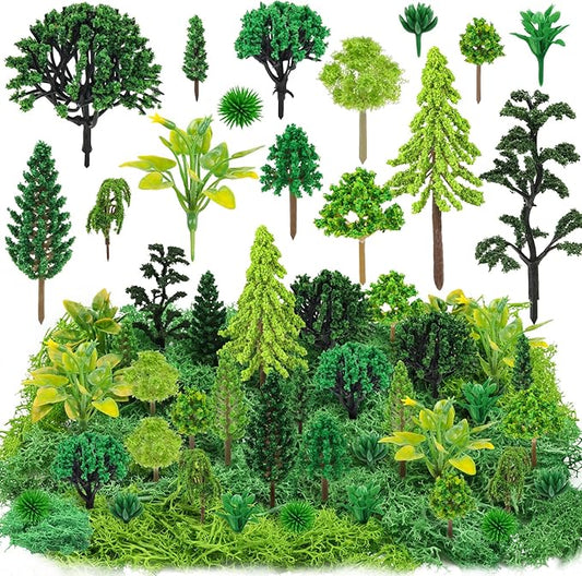 36 Pcs Green Mixed Model Trees with 40g Moss, Diorama Trees Grass Mini Fake Miniature Trees Moss for Building Model, Model Train Scenery, Natural Green Landscape, Railroad Scenery