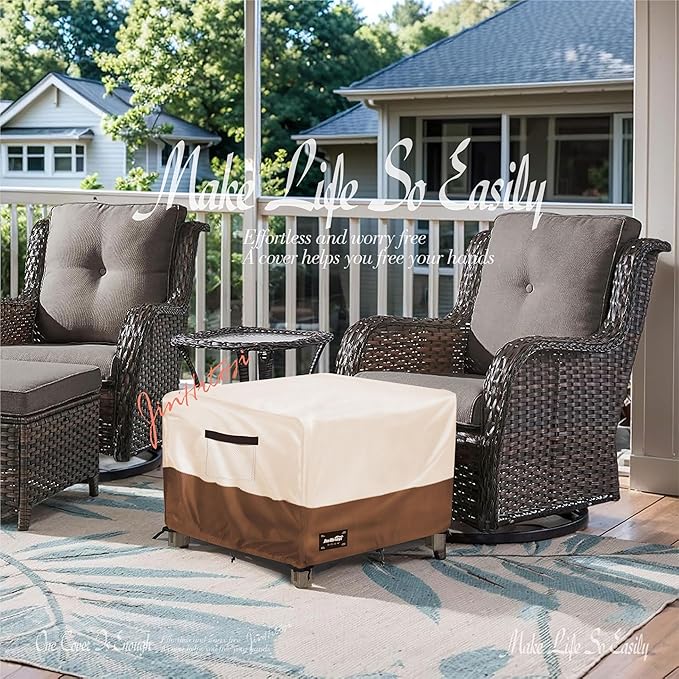 Patio Ottoman Cover Waterproof Square Outdoor Ottoman Covers, 32W x 32D x 16H Inches Patio Furniture Covering Protector Outdoor Side Table Cover, Beige&Brown