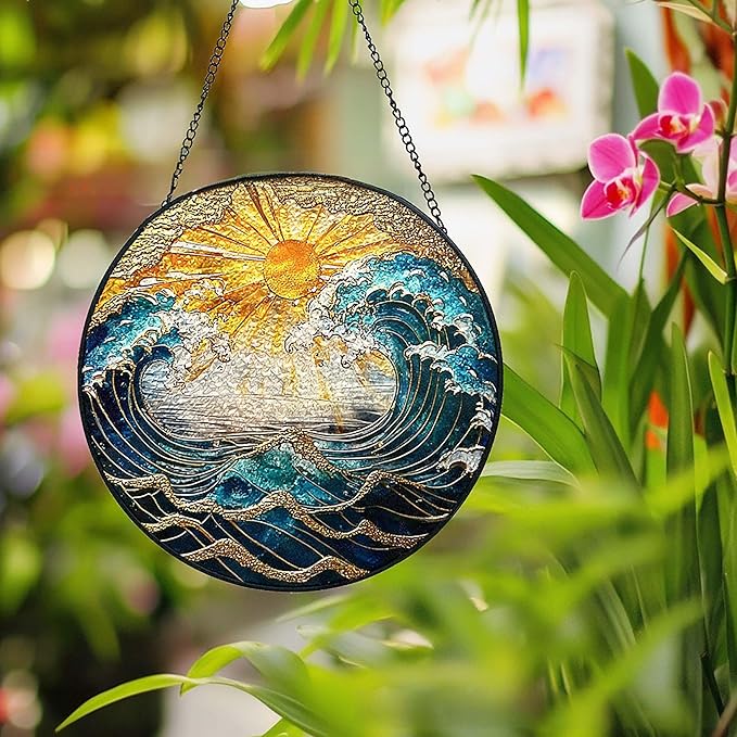 Ocean Wave Sunset Suncatcher Stained Glass Window Hanging - 10" Hand-Painted Sun Catcher Garden Hanging Decoration with Metal Chain Outdoor Garden Decor Gift for Women