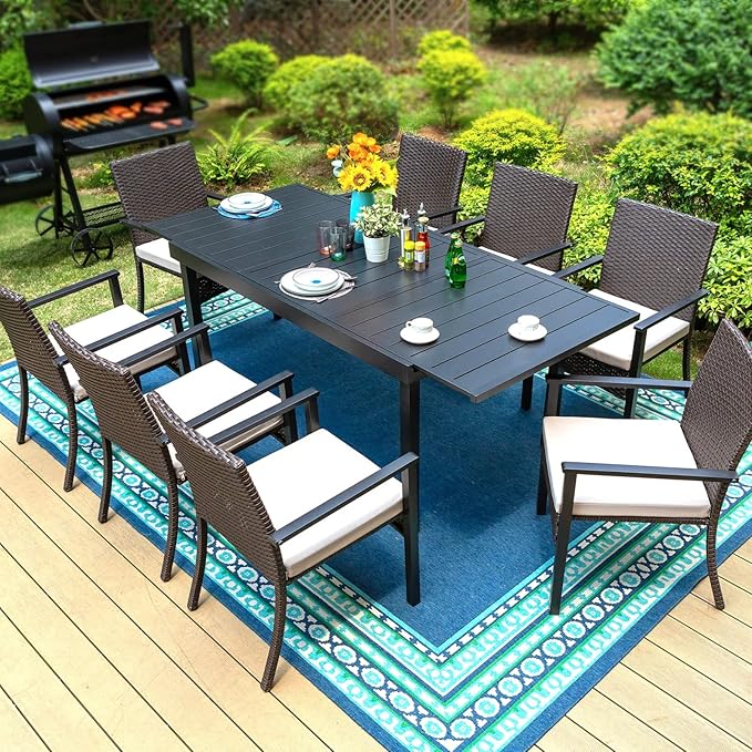 PHI VILLA 9 Piece Outdoor Dining Set for 8, Expandable Metal Dining Table & Cushioned Rattan Chairs for Patio, Deck, Yard