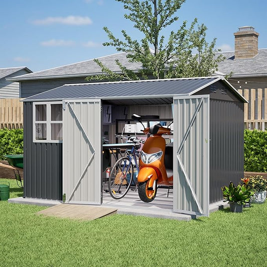 10X8FT Outdoor Steel Storage Shed with Clear Window, Lockable Doors, Weather-Resistant Metal Tool Shed for Garden, Backyard, Patio, and Utility Storage,Gray