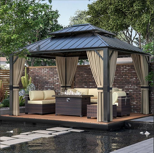 12x14ft Hardtop Gazebo Double Roof, Outdoor Pavilion with 2-Layer Hard top Galvanized Iron Frame Garden Tent, Suitable for courtyards, backyards, Decks, and Grass