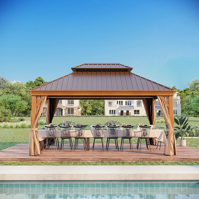 12' X 16' Hardtop Gazebo, Aluminum Wood-Looking Frame Outdoor Permanent Galvanized Steel Double Roof Pavilion Pergola Canopy with Privacy Curtains for Garden, Patio, Backyard, Deck and Lawns.