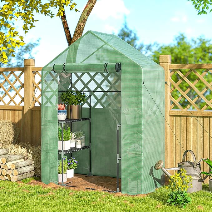 Outsunny 56" x 29" x 76" Portable Walk-In Garden Greenhouse with Built In 3-Tier Shelves