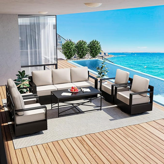 Outdoor Patio Furniture Set, 6-Piece Aluminum Patio Conversation Set All-Weather Metal Outdoor Sectional with 6 Inch Thick Cushions, Deep Setting for Garden, Outside and Porch