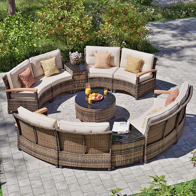 MEISSALIVVE 11 Piece Outdoor Patio Furniture Set, Half-Moon Curved Sectional Sofa Rattan Conversation Set with Wood Armrests, Coffee Table & 2 Side Table（Brown）