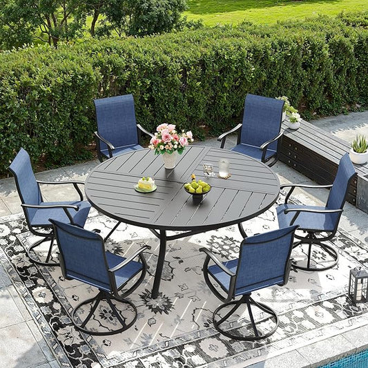 DIFY 7 Pieces Outdoor Patio Dining Set, 6 Blue Textilene Swivel Dining Chairs and 53.1" Black Round Metal Dining Table, Outdoor Table and Chairs