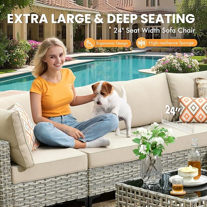 Outdoor Sectional Patio Furniture Set with Swivel Rocking Chairs,10 Pieces Wicker Conversation Sets L Shaped Couch Out Door Sofa Set Outside Furniture for Garden Deck Yard Porch,Beige