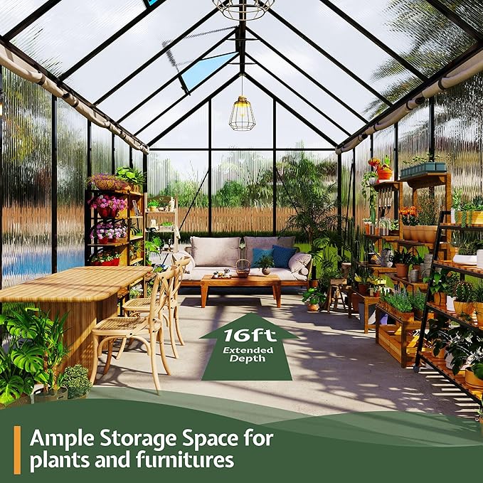 Jocisland 6x16Ft Polycarbonate Greenhouses for Outdoors, 2 Top-Opening Windows, Swing Doors, Aluminum Walk-in Heavy Duty for Outdoor Use, Backyard Garden, Black