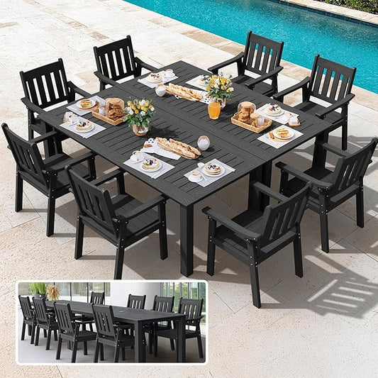 YEFU HIPS Patio Table Set: 10 Piece Outdoor Table and Chairs Dining Furniture Set with Umbrella Hole - Black Modern Plastic Dining Sets 8 Person for Outside Deck with Metal Aluminum Frame