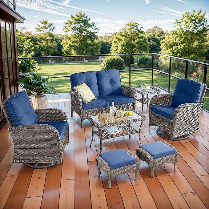 7 Piece Patio Furniture Set - Wicker Patio Conversation Set with Swivel Glider, Loveseat Bench, 2 Ottomans, Glass Side Table and Coffee Table for Deck Backyard - Brown Wicker Blue Cushion