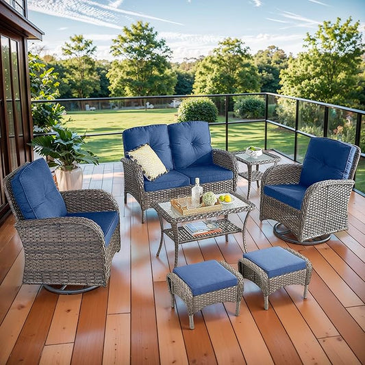 7 Piece Patio Furniture Set - Wicker Patio Conversation Set with Swivel Glider, Loveseat Bench, 2 Ottomans, Glass Side Table and Coffee Table for Deck Backyard - Brown Wicker Blue Cushion