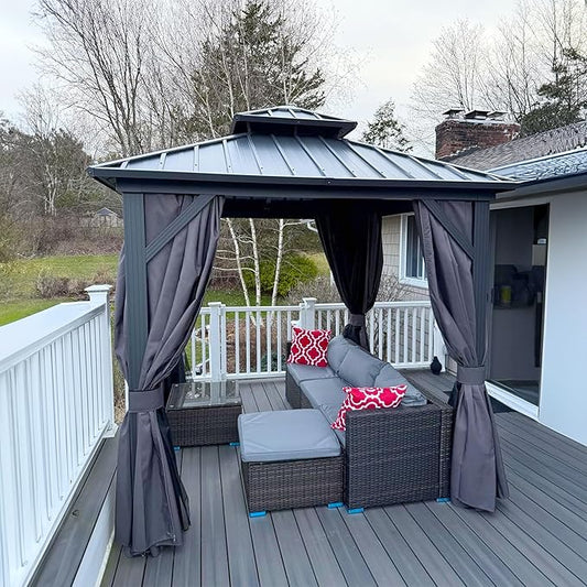 PURPLE LEAF 8' X 8' Outdoor Gazebo Aluminum Permanent Hardtop Gazebo with Galvanized Steel Double Roof for Patio Backyard Deck with Netting and Curtains Grey